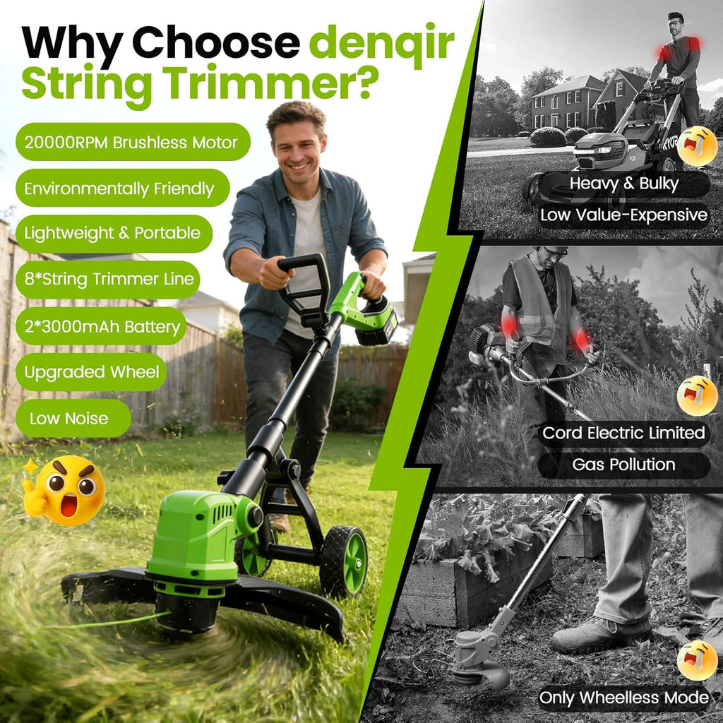 14" Electric String Trimmer Cordless Battery Powered Weed Eater with Wheel, 3-in-1 Cordless Grass Trimmer/Electric