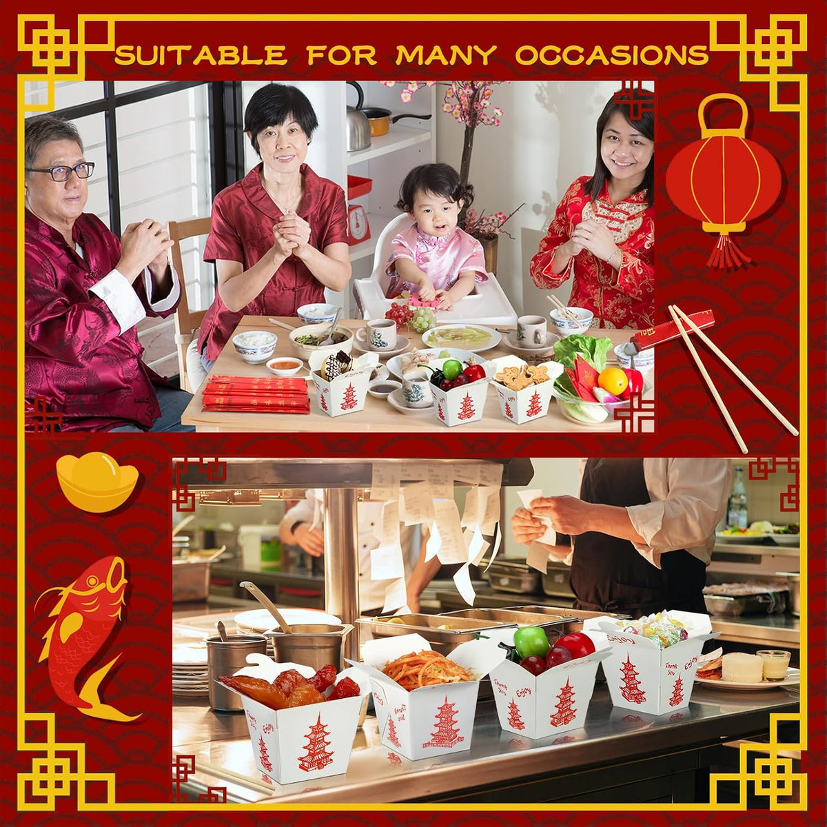 50 Set 16 oz Chinese Take out Boxes with Chopsticks Food Containers
