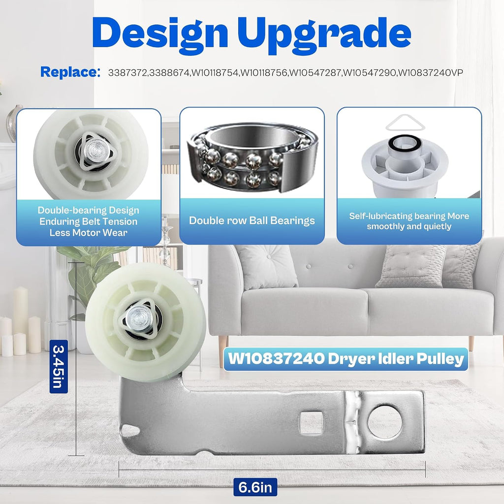 Upgraded 4392067 Dryer Repair Maintenance Kit,WPW10314173 Drum Rollers, 661570V Drum Belt, W10837240 & 279640 Idler