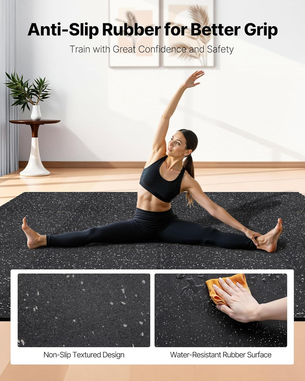 0.56Inch 96sq.ft 24 Tiles Gym Flooring for Home Gym, Rubber Top with High Density EVA Foam, 24 x 24In Gym Floor
