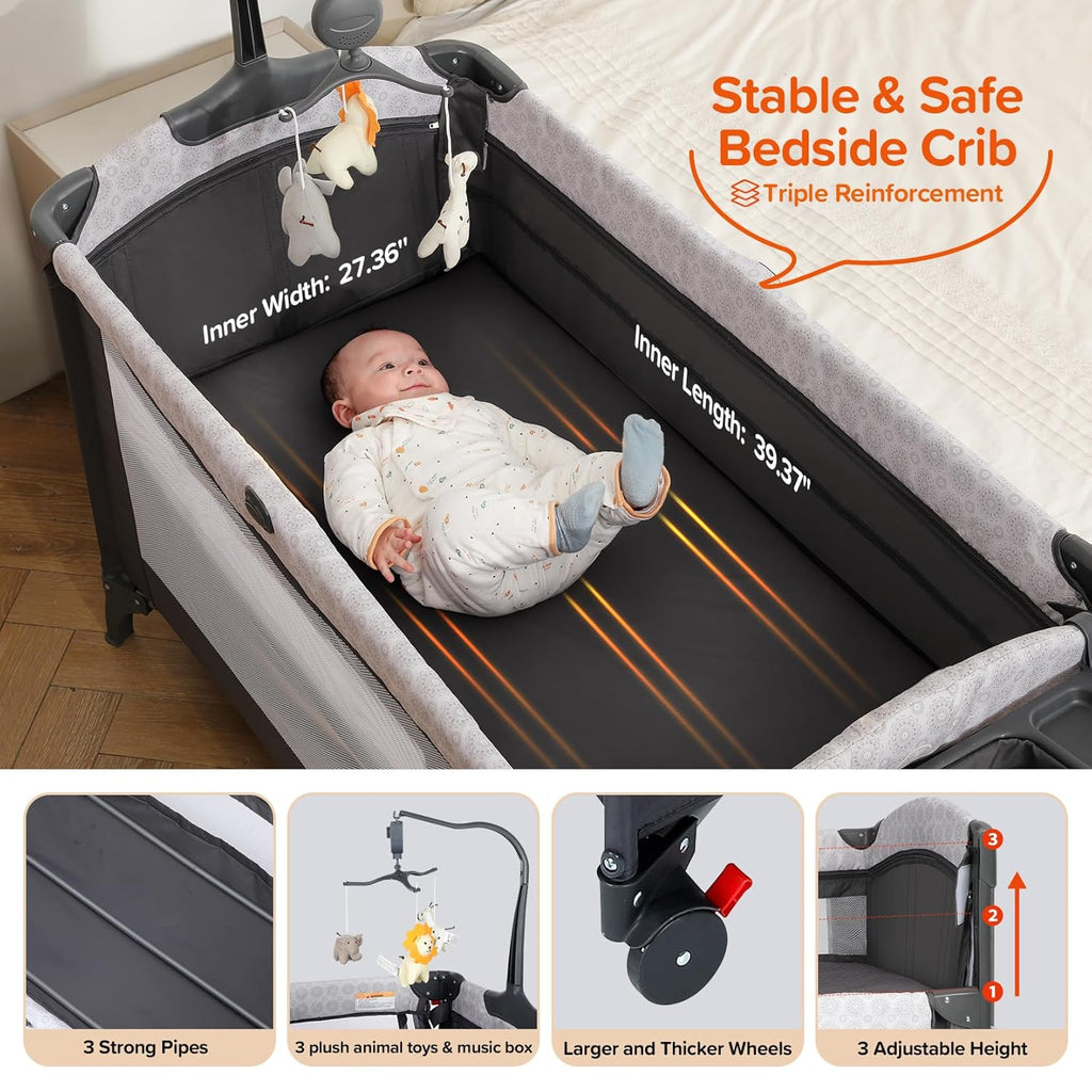4 in 1 Baby Bassinet Bedside Crib with Diaper Changer, Mattress, 1-Second Set up Bedside Bassinet with 3 Adjustable