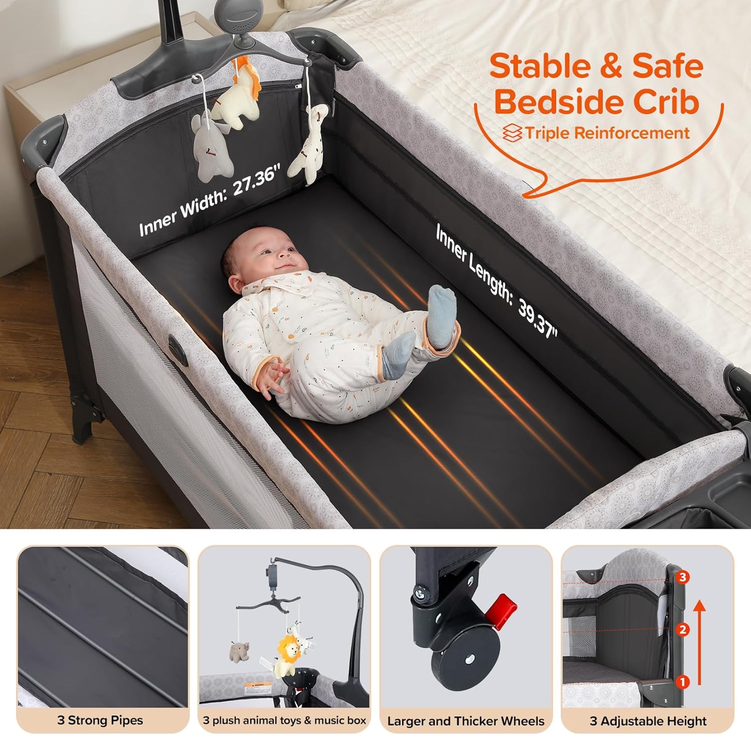 4 in 1 Baby Bassinet Bedside Crib with Diaper Changer, Mattress, 1-Second Set up Bedside Bassinet with 3 Adjustable