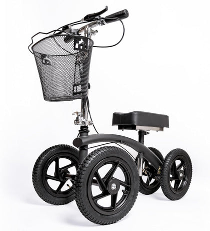 All-Terrain Knee Walker, Steerable for Foot Injuries - Heavy-Duty, Adjustable Scooter with Dual Brakes & Metal Basket