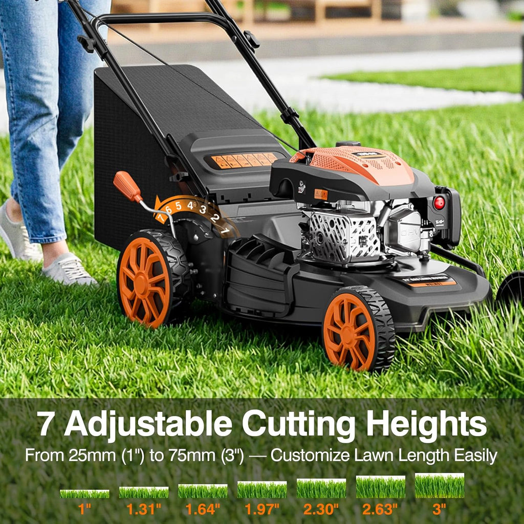 21” Self Propelled Gas Lawn Mower，170CC 4 Stroke Walk-Behind Gas Lawnmower | Mulch/Rear Bag/Side Discharge/Rear