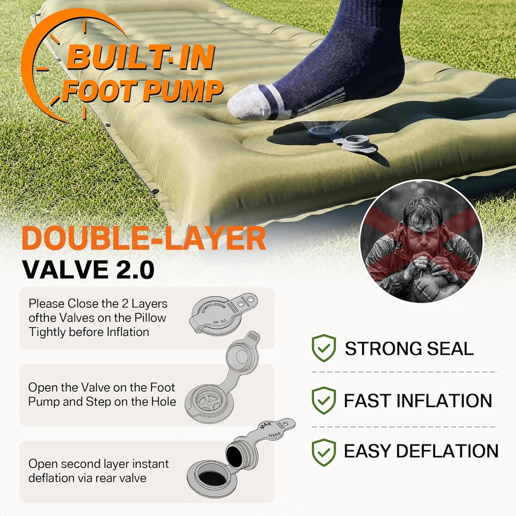 Camping Sleeping Pad, 5.9" Extra-Thick Reinforced Camping Mat with Built-in Pillow & Foot Pump, Ultralight Compact