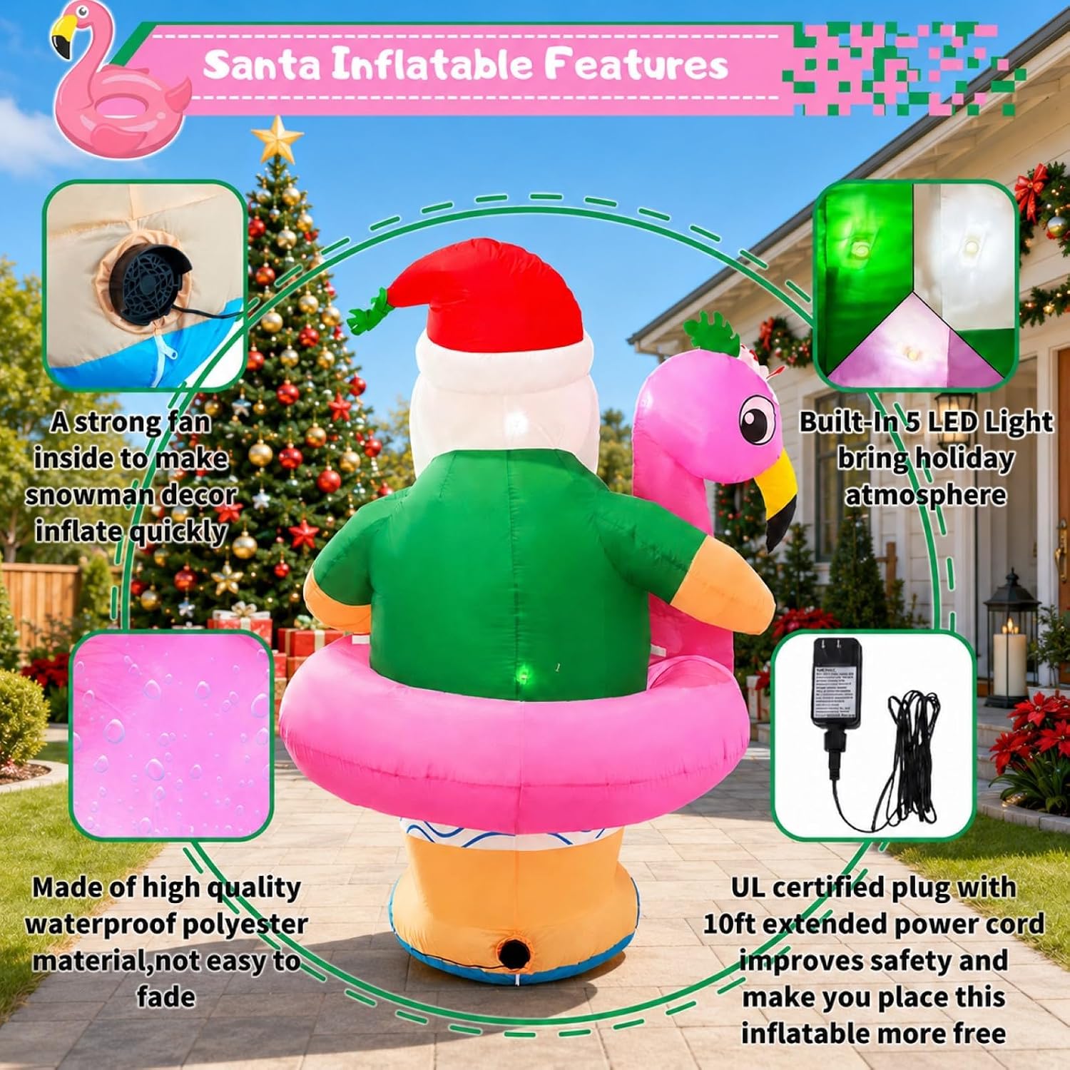 Christmas Inflatable Santa Claus Outdoor Decorations 6ft Giant Blow Up Hawaiian Santa Inflatables with Flamingo