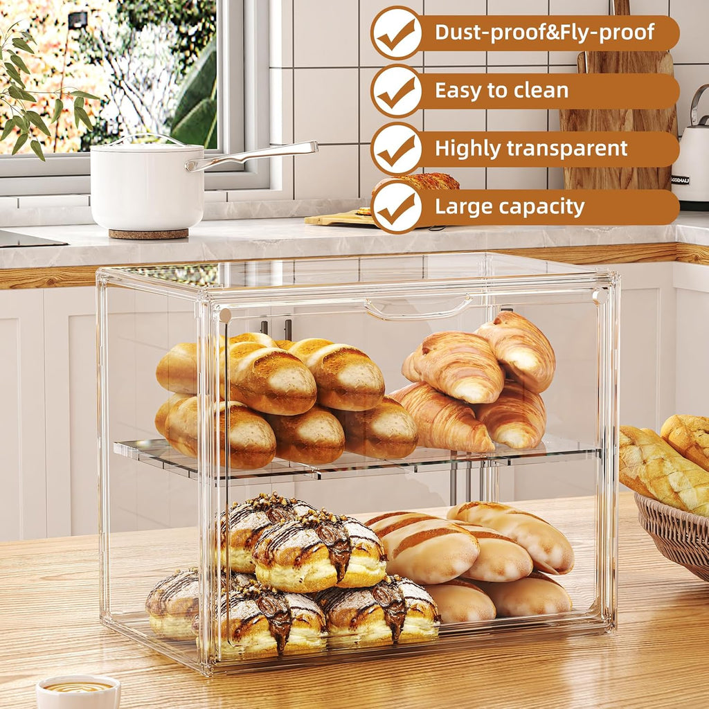 Pastry Display Case, 2 Tier Bread Box for Kitchen Countertop, Acrylic Bread Container with Magnetic Door, Large