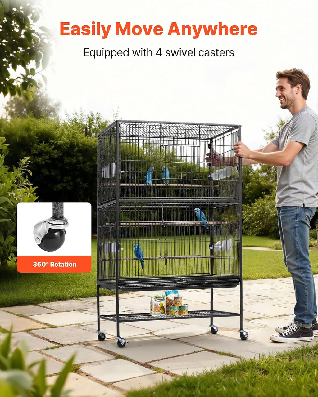 Bird Cage, 31.5 x 20.5 x 52 inch, Flat Top, Wrought Iron Bird Flight Cage with Perches, Slide-Out Tray and Plastic