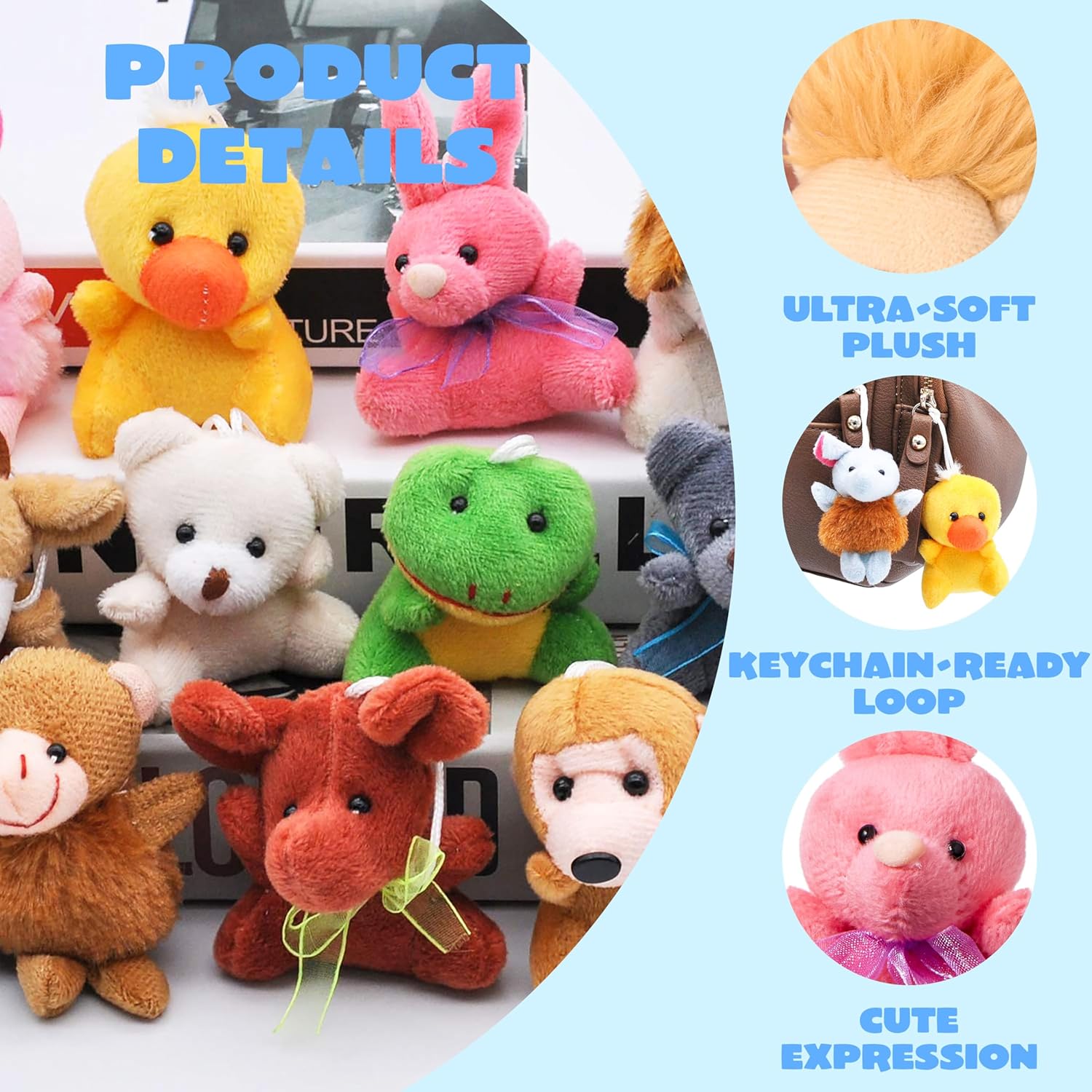24 Pack Mini Animal Plush Toy Assortment (24 Units 3" Each), Animals Keychain Decoration for Kids, Small Stuffed