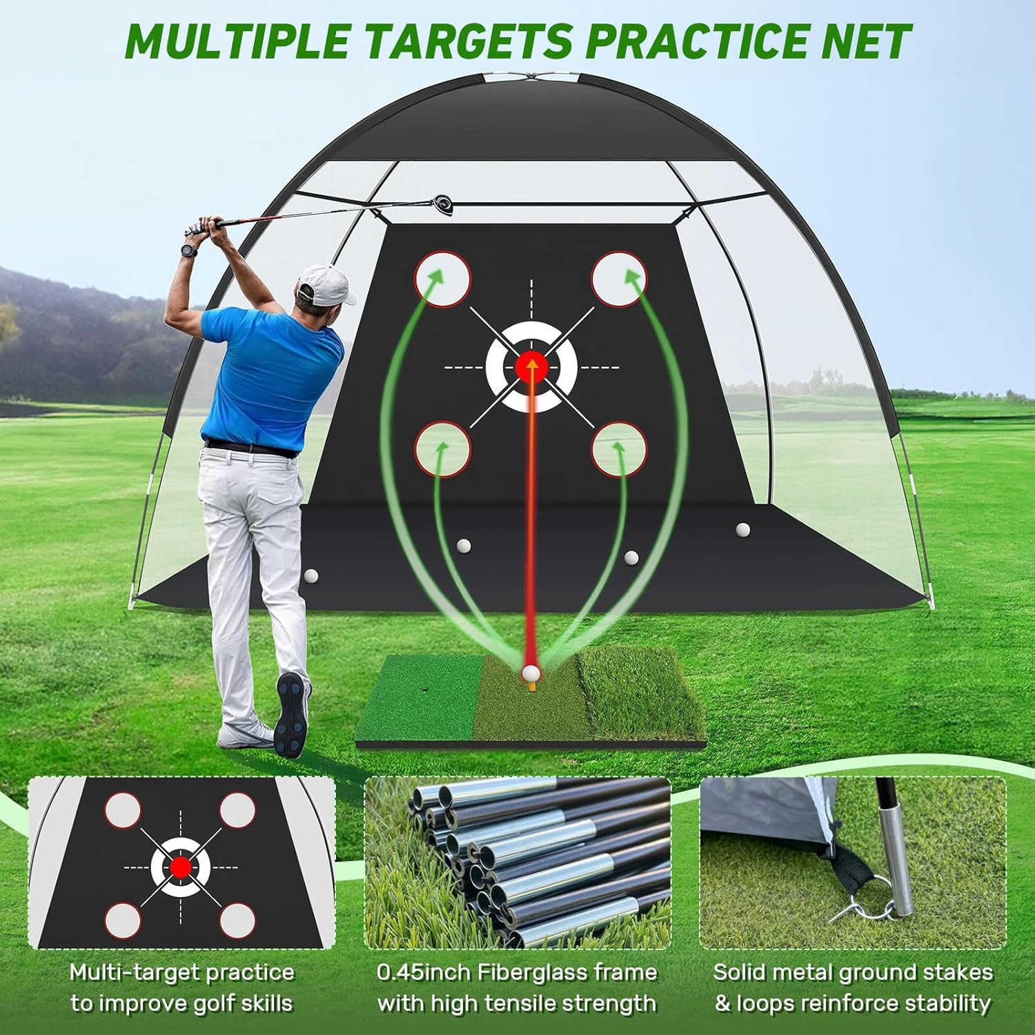 Golf Net, 10x7FT with Golf Practice Mat, Hitting Aid Nets for Backyard Driving Chipping Training Swing with Targets