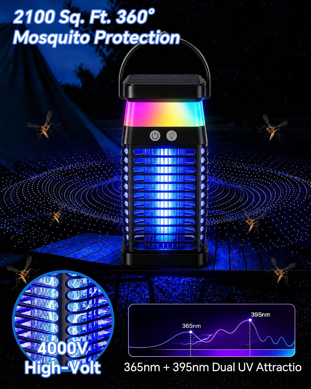 Solar Bug Zapper Outdoor/Indoor, 4000V Electric Mosquito Zapper with Flickering Flame & RGB Atmosphere Light