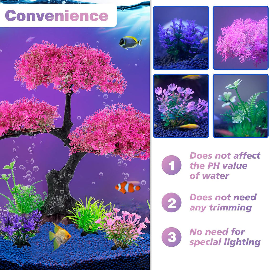 Pink Artificial Plastic Tree Aquarium Plants Decor Set, 11PCS | Soft Cherry Blossom Tree Fish Tank Decorations, Betta