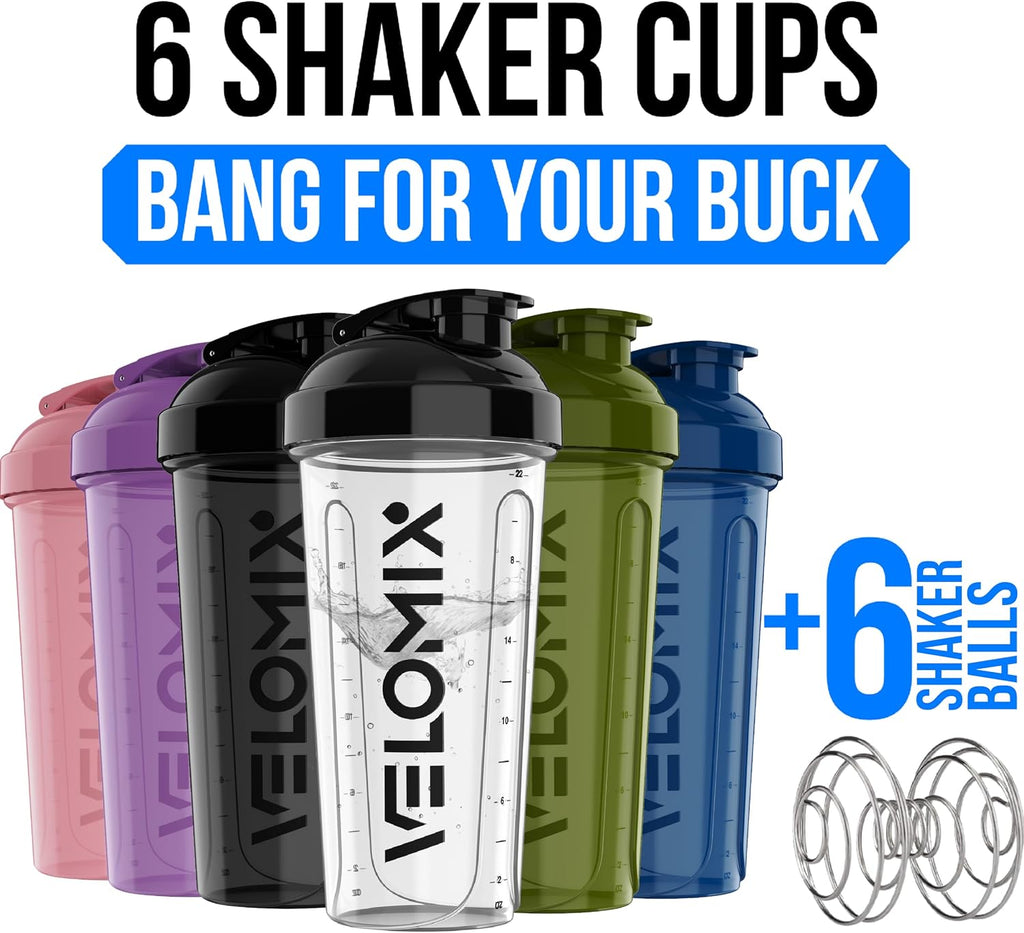 6 Pack 28oz Shaker Cups for Protein Shakes, Blacks to Transparent | 6x Wire Whisk, Leak Proof Protein Shaker Bottle