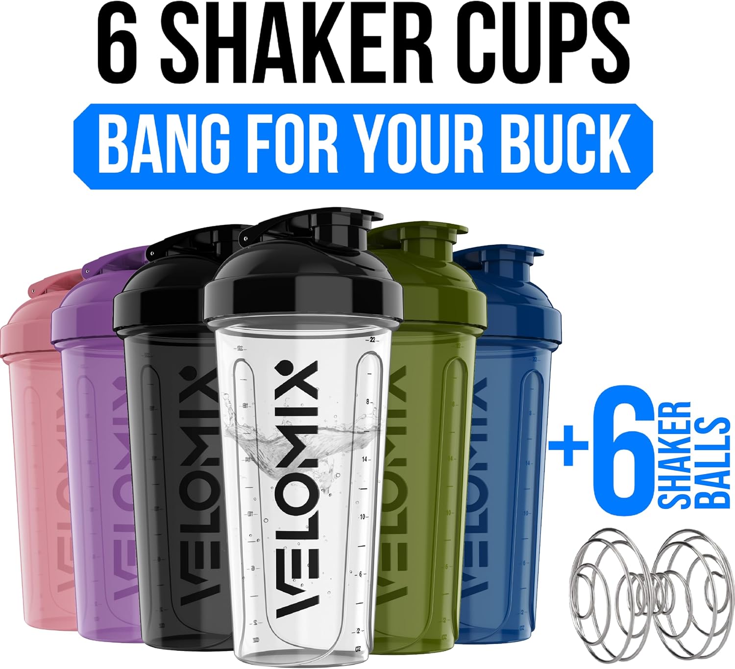6 Pack 28oz Shaker Cups for Protein Shakes, Blacks to Transparent | 6x Wire Whisk, Leak Proof Protein Shaker Bottle