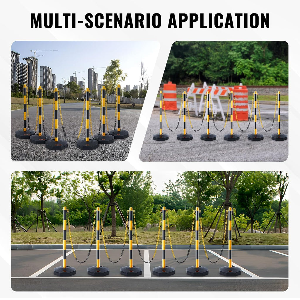 Adjustable Traffic Delineator Post Cones, 6 Pack, Traffic Safety Delineator Barrier with Fillable Base 8FT Chain