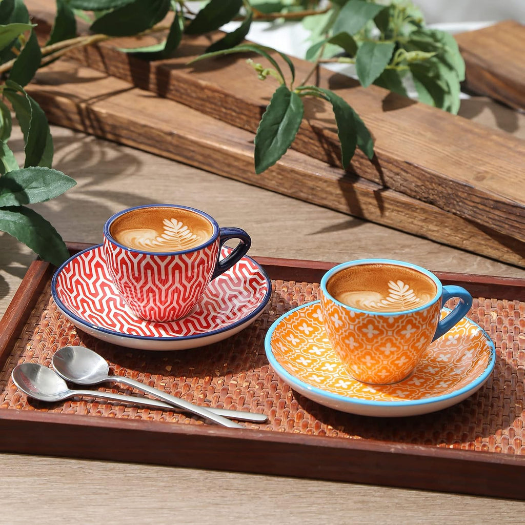 Ceramic 2 OZ Espresso Cups with Saucers, Set of 6, Assorted Colors