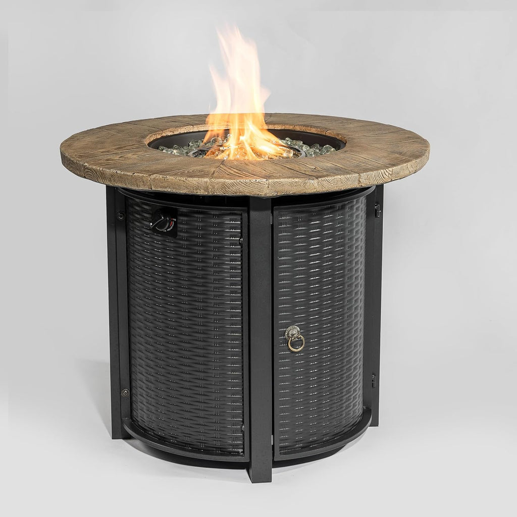30'' Concrete Round Gas Fire Pit, 50,000 BTU Steel Outdoor Fire Tables, Fire Table with Lid, Add Warmth & Ambience to