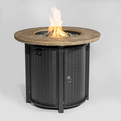 30'' Concrete Round Gas Fire Pit, 50,000 BTU Steel Outdoor Fire Tables, Fire Table with Lid, Add Warmth & Ambience to
