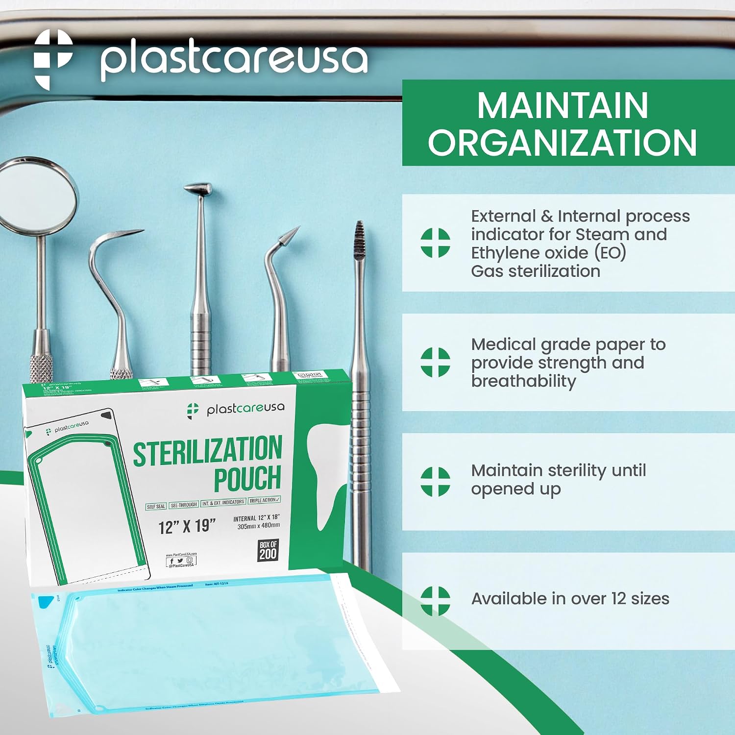 200 12 Inch x 19 Inch Sterilization Pouches, Sterilizer Autoclave Bags for Sterilizing Dental Medical Instruments and