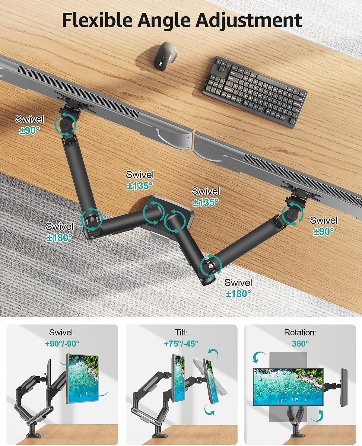Dual Monitor Desk Mount, Pneumatic Monitor Arms for 2 Monitors Max 39 Inches, Adjustable Dual Computer Monitor Stand