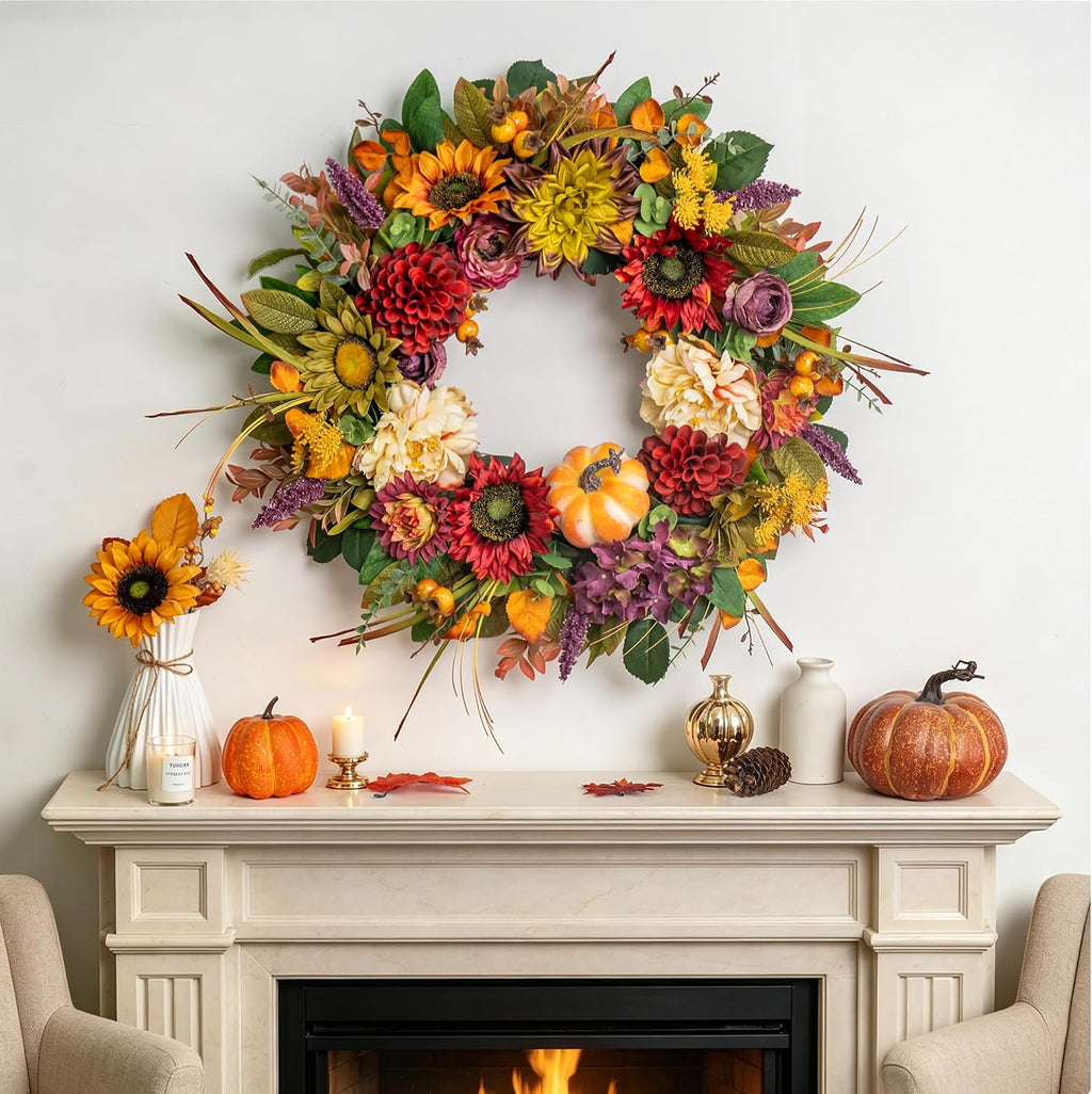 24 Inch Fall Wreaths for Front Door, Autumn Farmhouse Harvest Wreath | Fall Door Wreath with Sunflowers, Peony