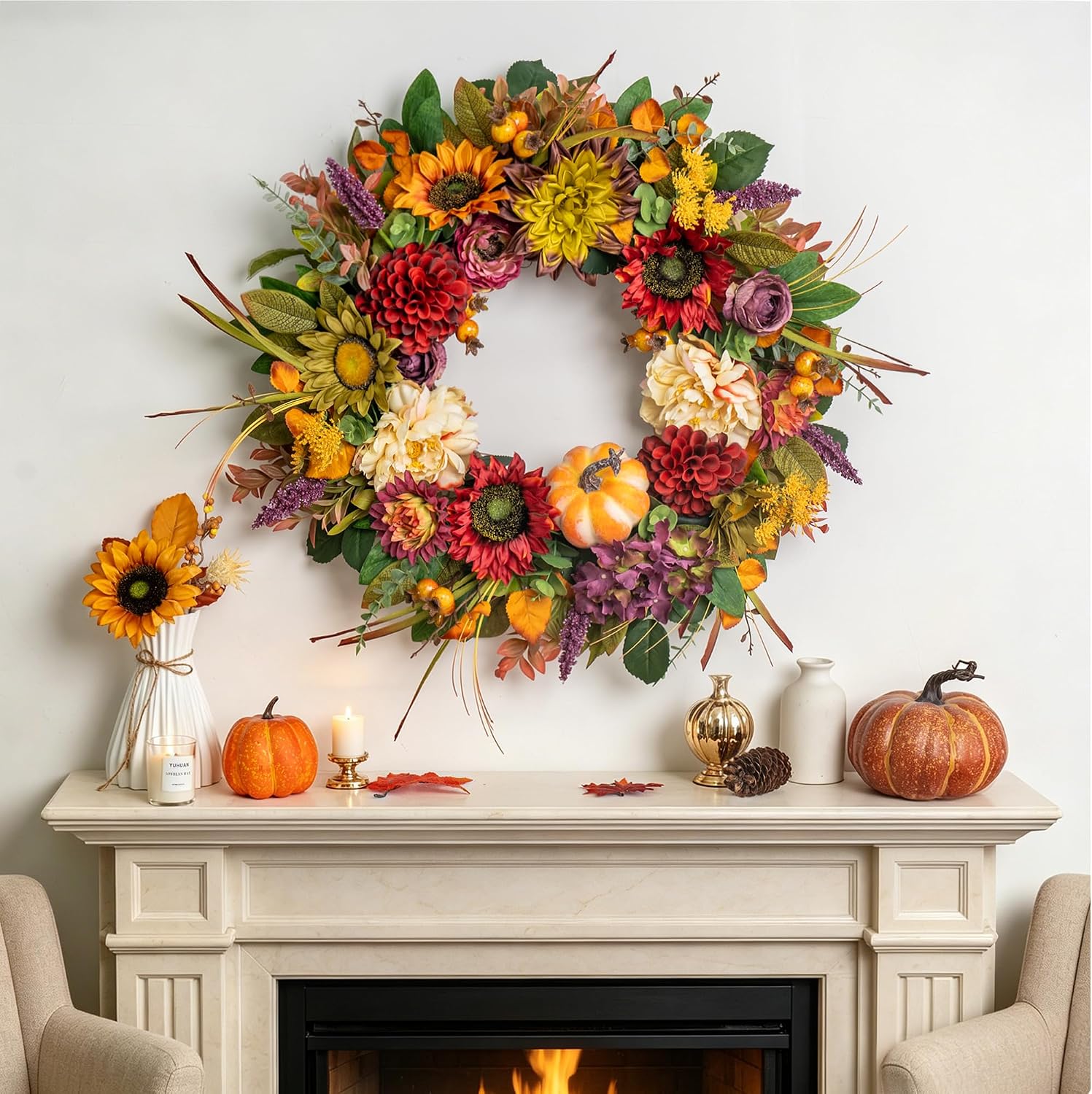 24 Inch Fall Wreaths for Front Door, Autumn Farmhouse Harvest Wreath | Fall Door Wreath with Sunflowers, Peony