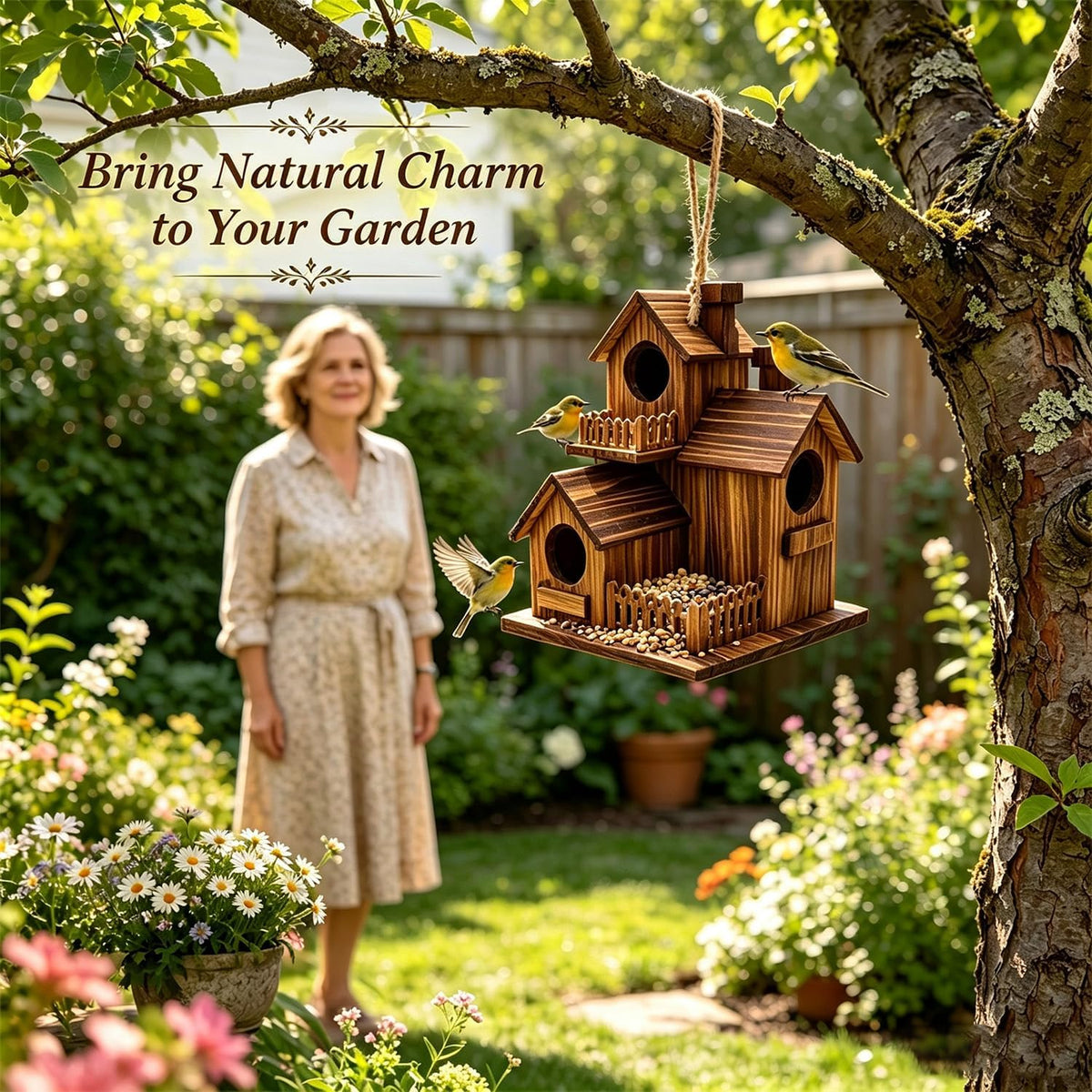 Wooden Bird Houses for Outside, 3 Compartments Villa Hanging Birdhouse, Carbonized Pine Nesting Box for Bluebird Wren