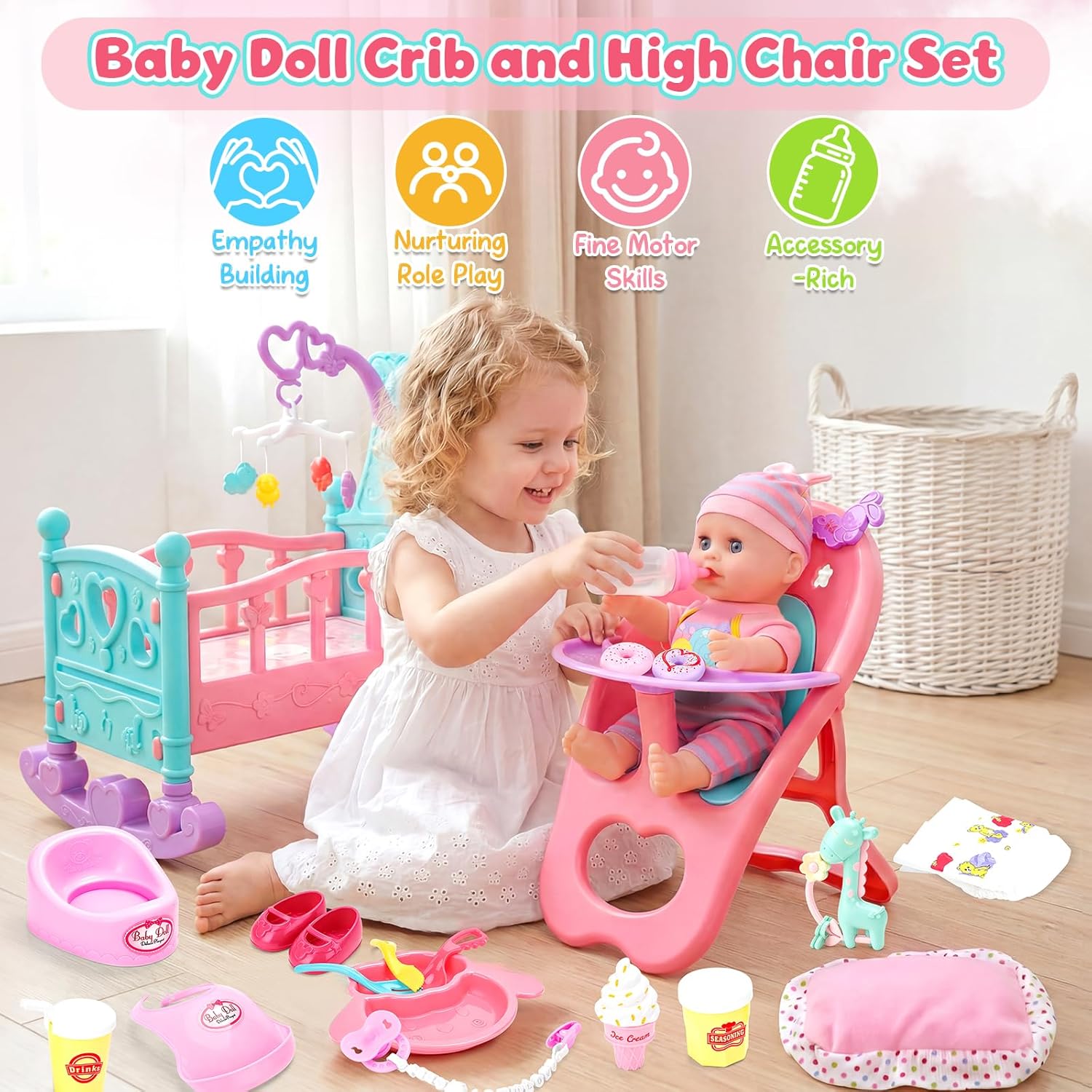 12” Baby Doll Play Set with Crib, Mobile, High Chair Feeding Accessories, Interactive Dolls for Girls Kids Pretend