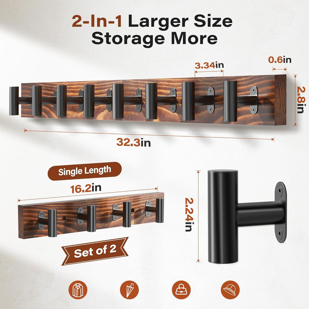 Coat Rack Wall Mount 2 Pack with 8 Pre-Installed Metal Hooks, Rustic Pine Solid Wood Coat Hanger Wall Mount for