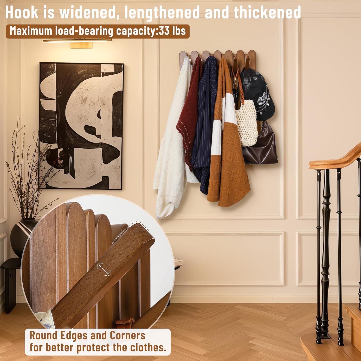 Wall Coat Rack for Entryway: Wooden Modern Heavy Duty 6 Hooks Retractable Wall Mounted for Small Spaces Hallway