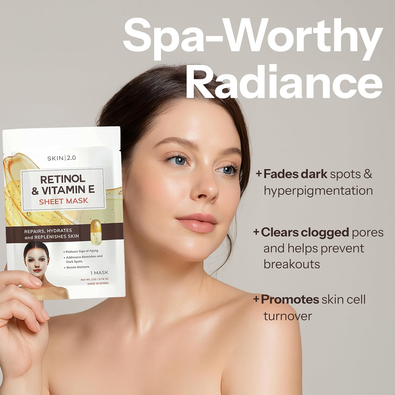 Retinol & Vitamin E Sheet Mask - Anti-Aging, Acne Scar & Hyperpigmentation - Hydrating, Dermatologist Tested Korean