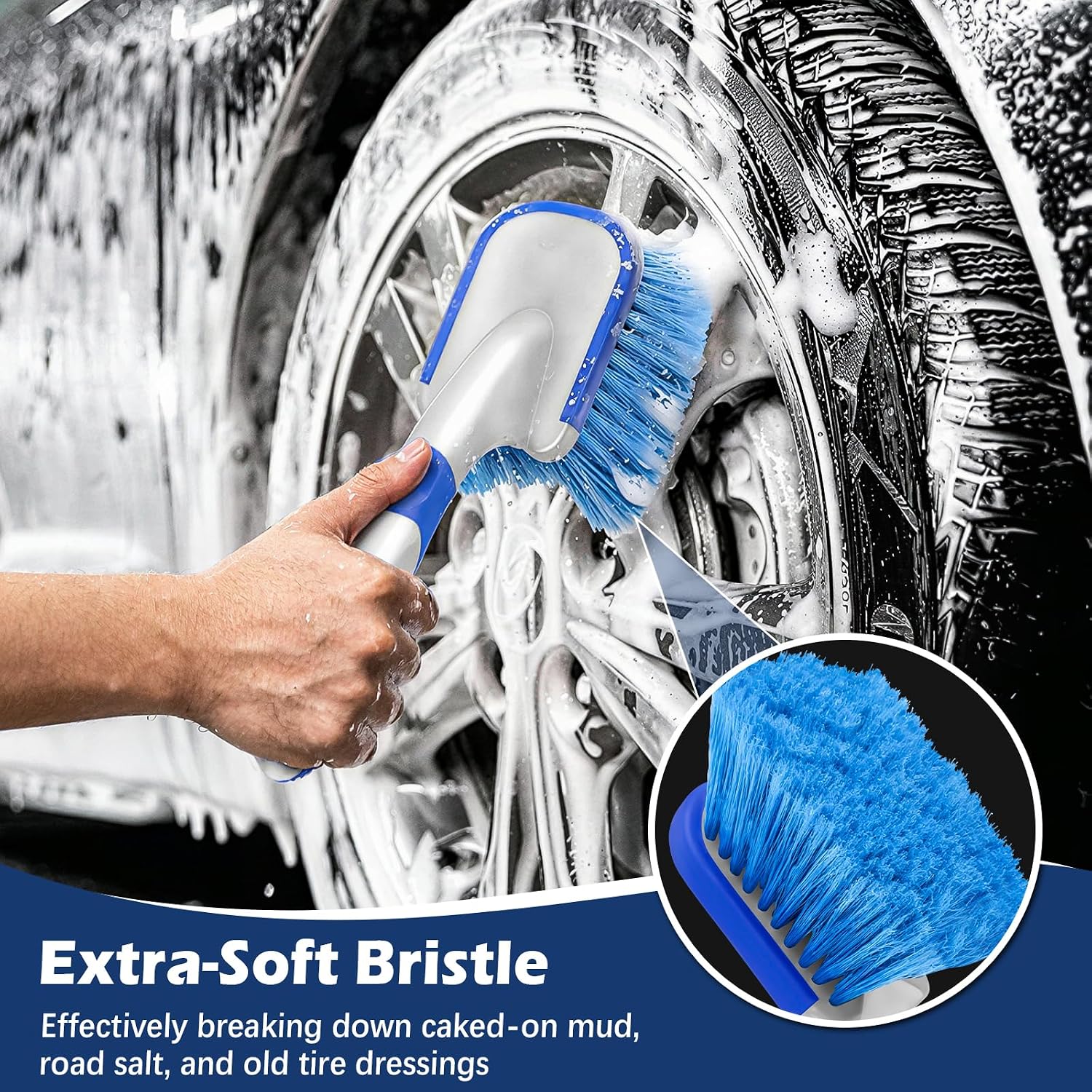 Car Wash Brush 10 Inch, Car Tire & Wheel Brush for Cleaning Wheels & Rim | Soft Bristle Car Wheel Cleaner Brush, Car
