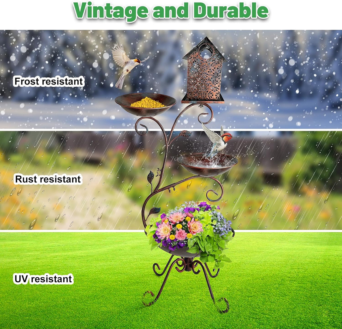 Bird Bath for Outside, 37" Antique Brass Metal Bird Bath Outdoors with Solar Lights, 4-in-1 Rust-Resistant Bird
