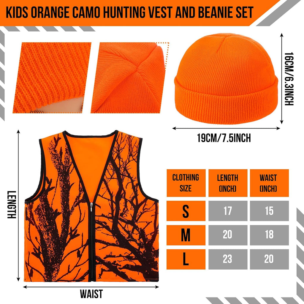 2 Pcs Kids Hunting Vest & Beanie Set Reflective Hunting Clothes Blaze Vests for Night Hiking Outdoor