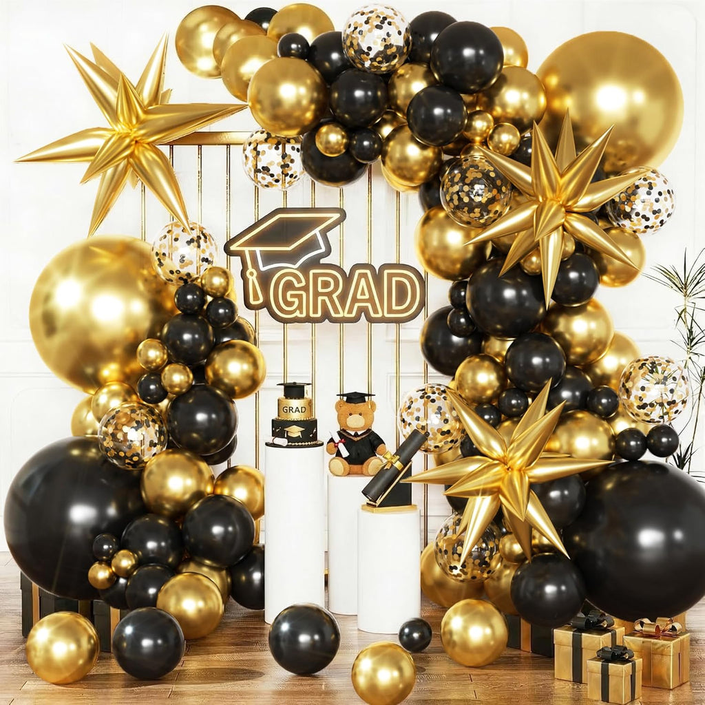 Black and Gold Balloons Arch Kit Garland, Black Gold Confetti Balloons for 2026 Graduation Decorations Class Grad