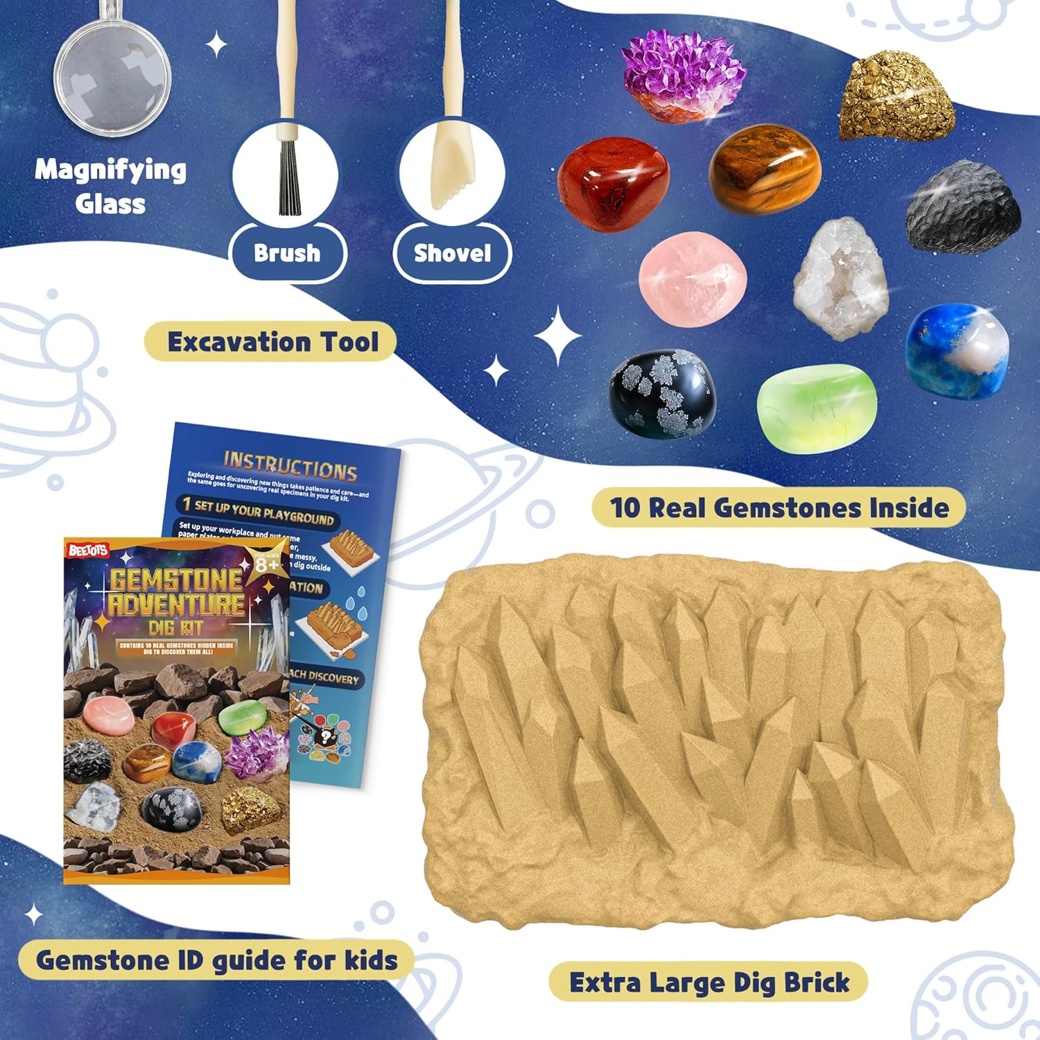 Gemstone Dig Kit for Kids with 2 Tools, 10 Real Gems Tektite | Lapis Lazuli and Tektite|STEM Science Mining