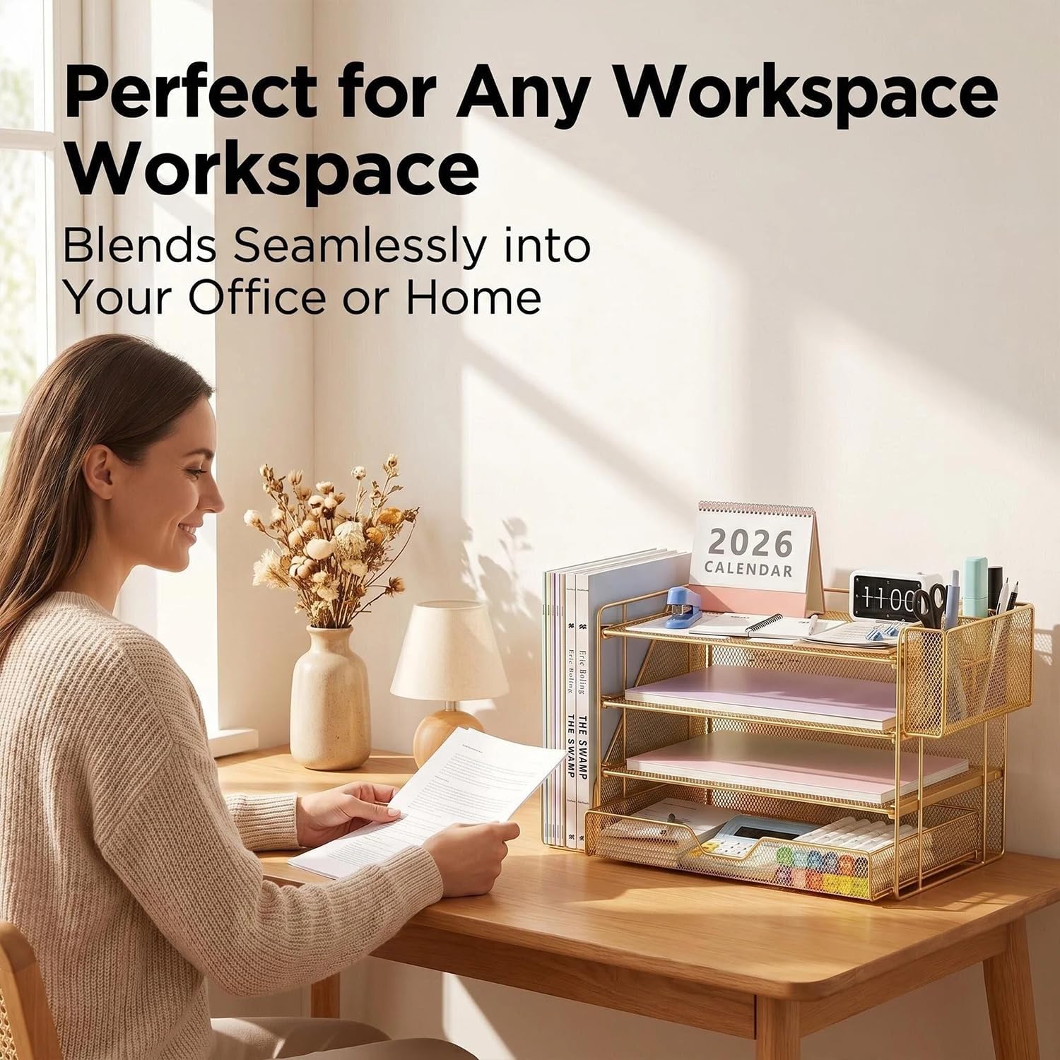 Desk Organizers and Accessories, 4-Tier Office Desk Accessories & Workspace Organizers with Drawer and Pen Holder