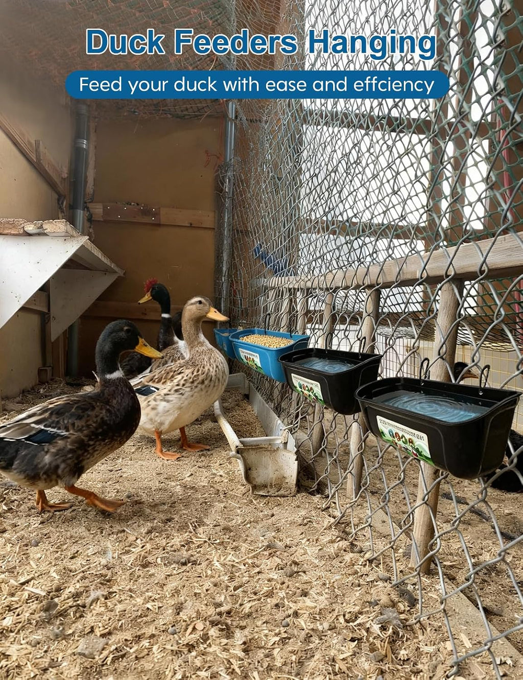 Duck Water Feeder,4 Pack Hanging Ducks Feeder and Ducks Waterer Set,Drake Fence Feed Trough with Clips, Poultry