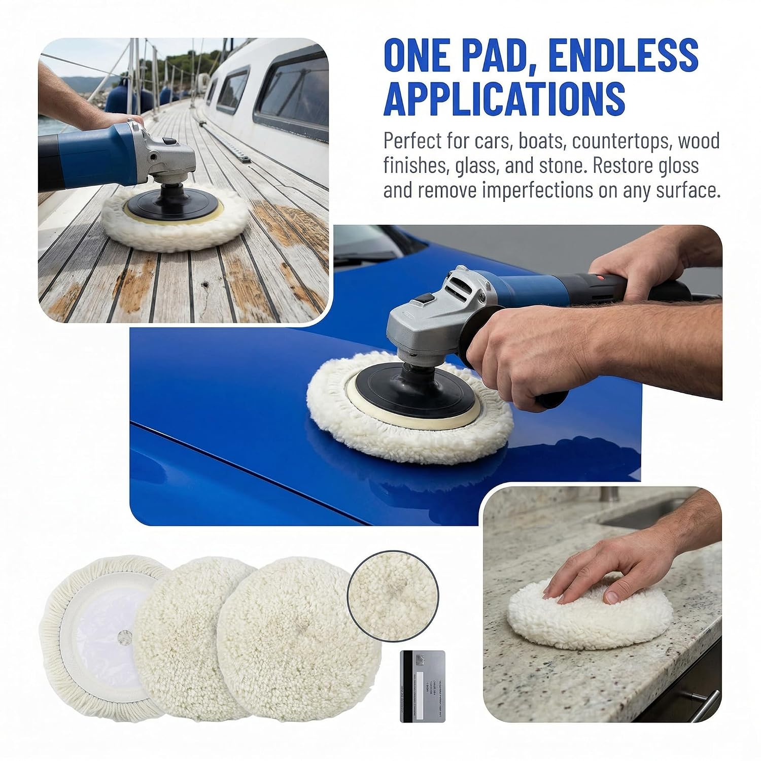 3 Pack Wool Polishing Pad, 7 inch Wool Buffing Pad for Compound Cutting & Polishing, Buffing Pad Kit for Car, Boats