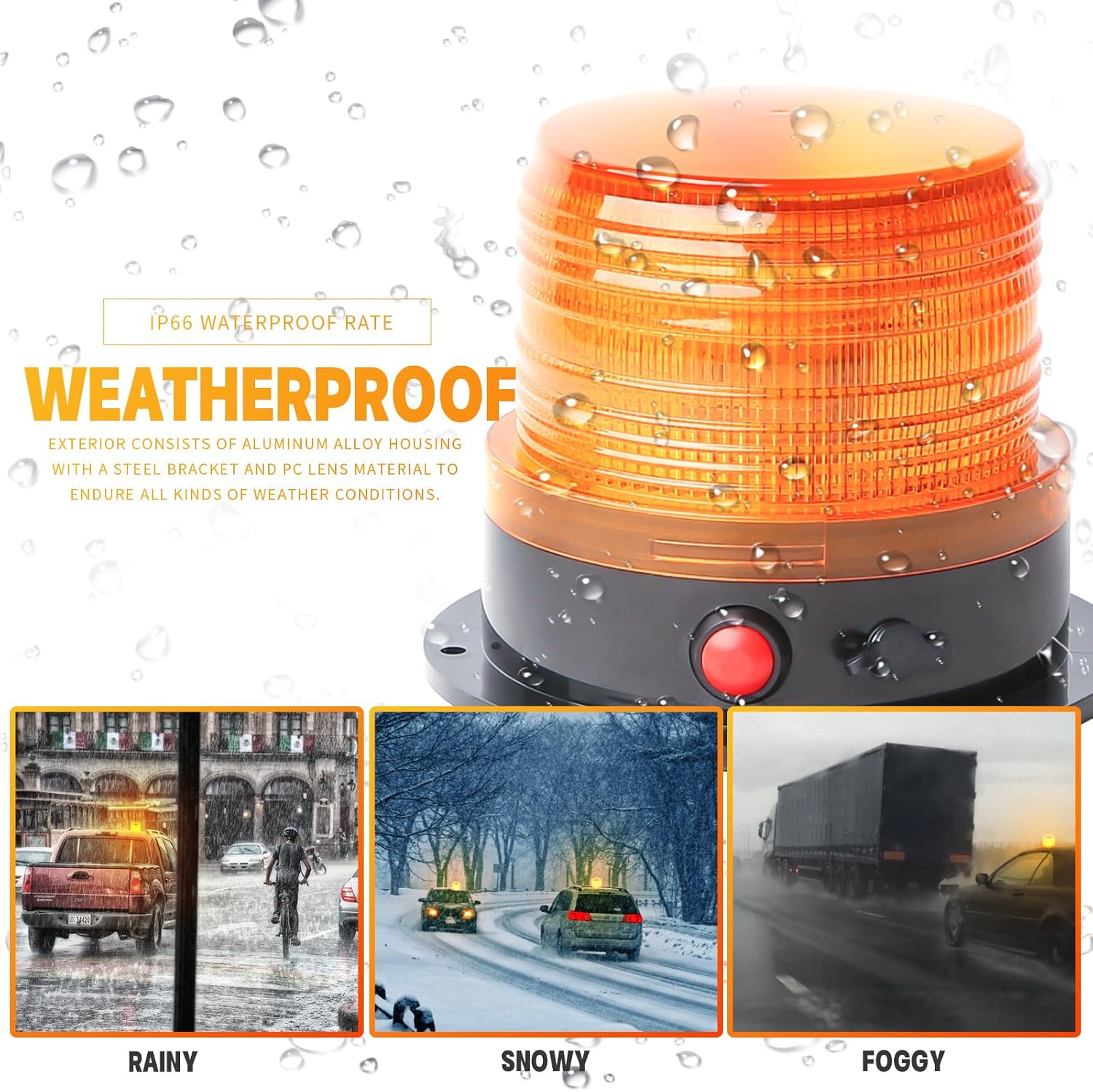 Battery Operated Amber Warning Beacon Light w/Magnetic Base, Portable Rechargeable Mini Roadside Roof Top Plow LED