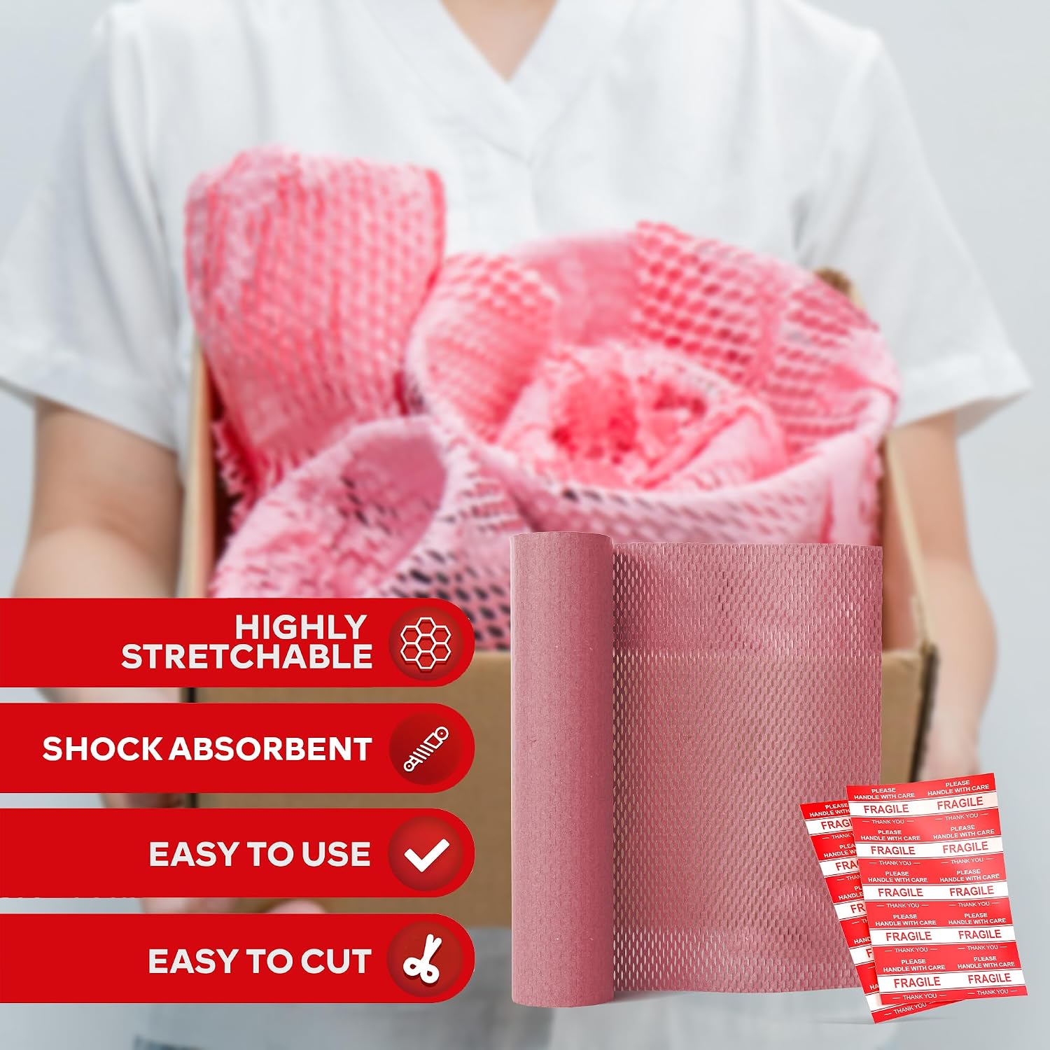 Pink Honeycomb Packing Paper for Moving 12-Inch x 66-Feet Bubble Honeycomb Wrap, Honeycomb Wrapping Paper for Packing