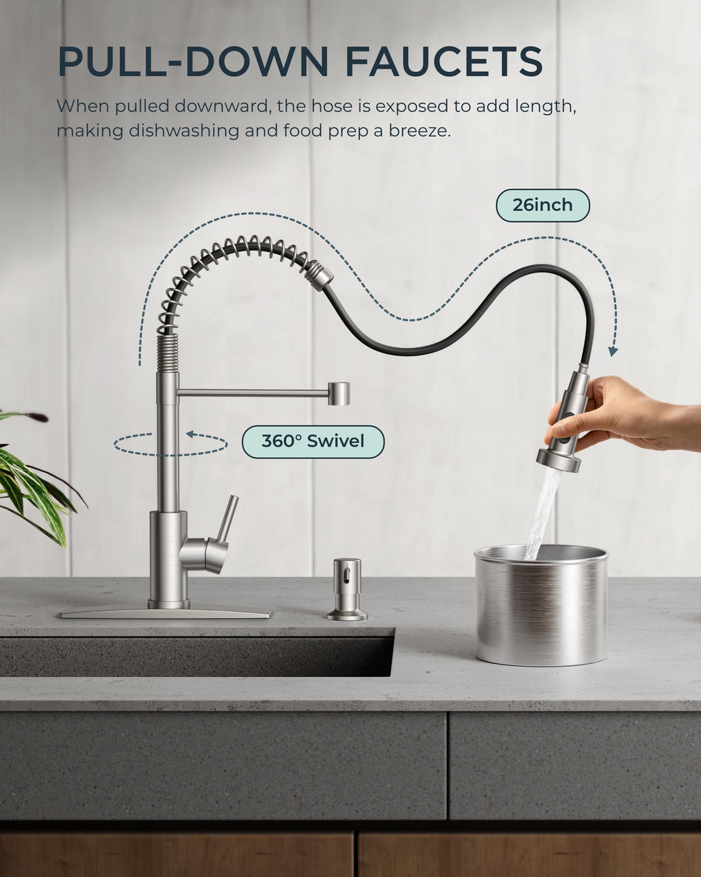 Kitchen Faucet Pull Down Sprayer, Classic High Arc, Brushed Nickel