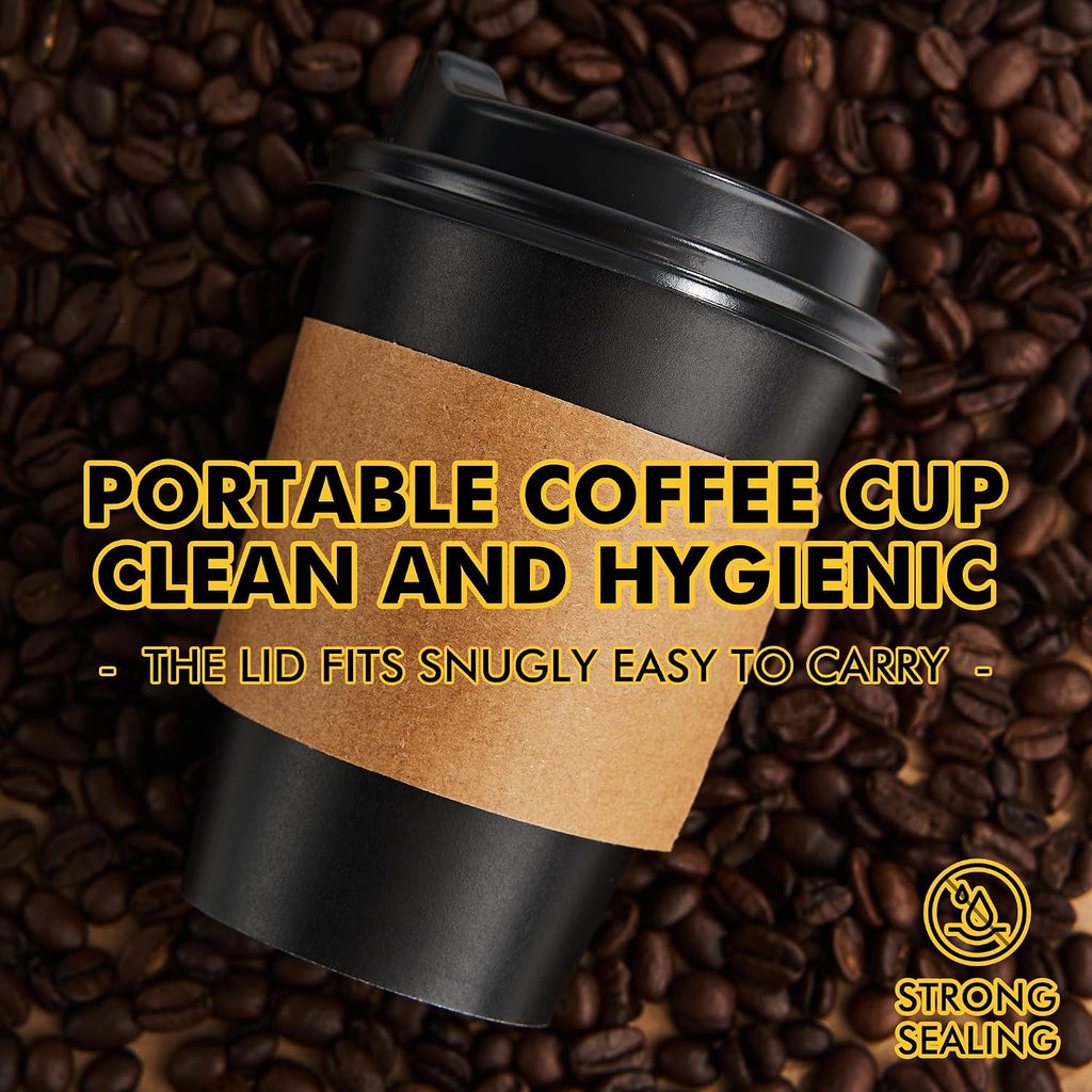 12 oz 50 Pack Black Disposable Coffee Cups with Lids & Sleeves