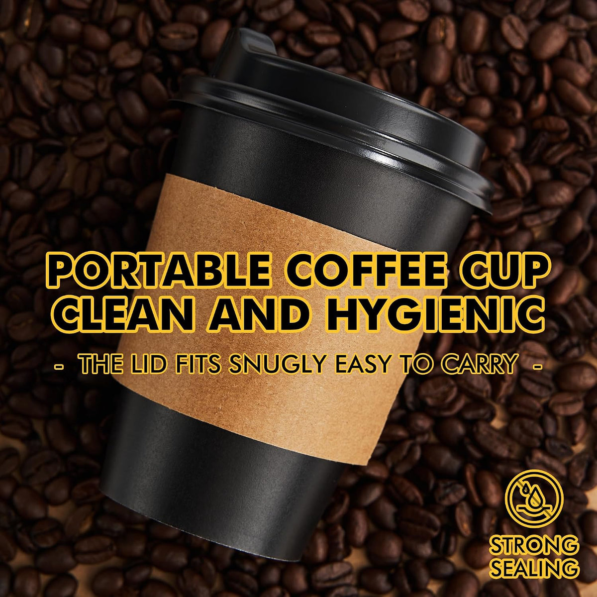 12 oz 50 Pack Black Disposable Coffee Cups with Lids & Sleeves