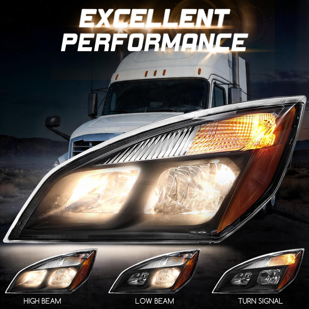Black Halogen Headlight Assembly Pair for 2018-2024 Freightliner Cascadia