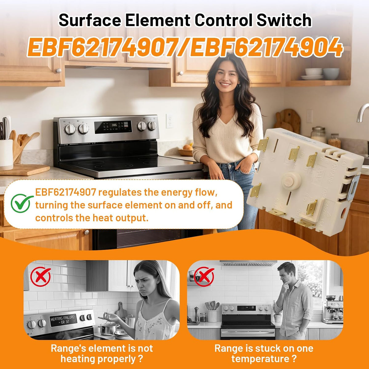 EBF62174907 / EBF62174904 / EBF62174902 Infinite Control Switch for Electric Range Surface Element, Replacement for PER001-125 D PER001-225 D AP7225541, Stove Burner Temperature Regulator