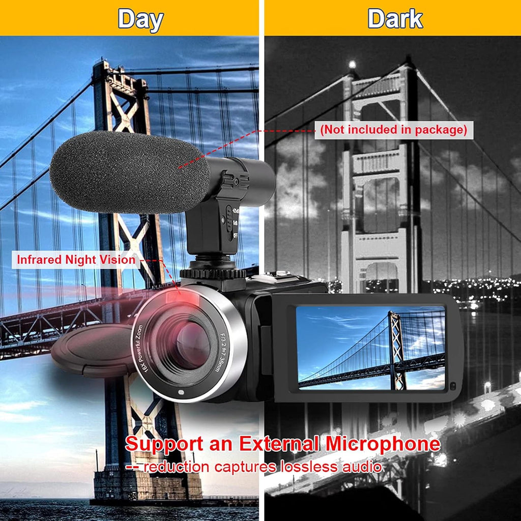 Video Camera Camcorder Full HD 1080P 30FPS 24.0 MP IR Night Vision Vlogging Camera Recorder 3.0 Inch IPS Screen 16X