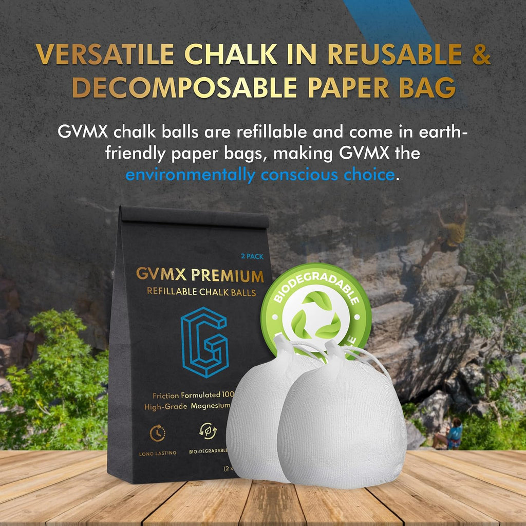 130g (2 x 65g) Premium Chalk Balls. Pro-Grade Gym Chalk in Refillable Sock. Eco Friendly Packaging. Grip Enhancing