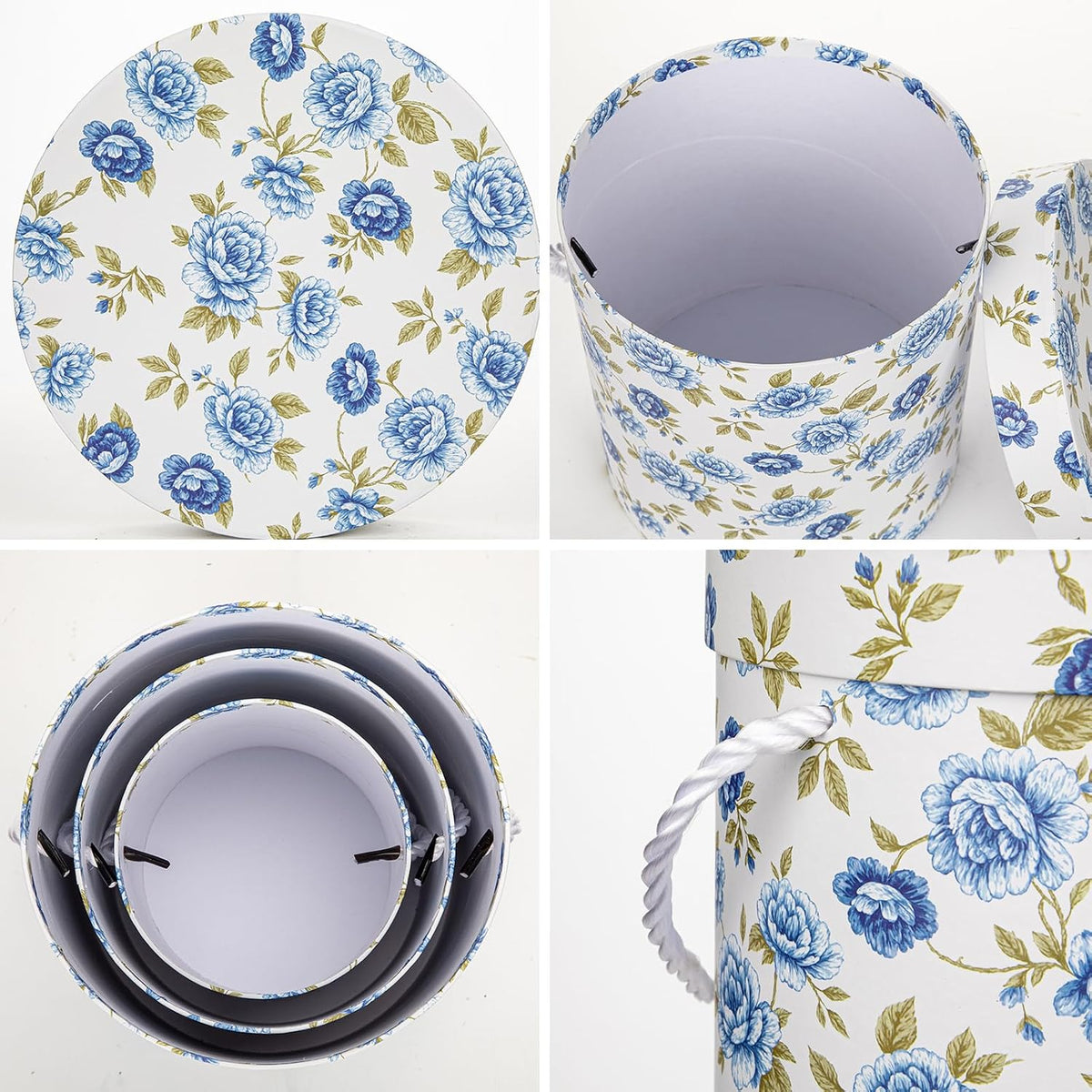 White and Blue Gift Box with Lids Set of 3 Round Nesting Gift Boxes for Presents 3 Assorted Sizes Flowers