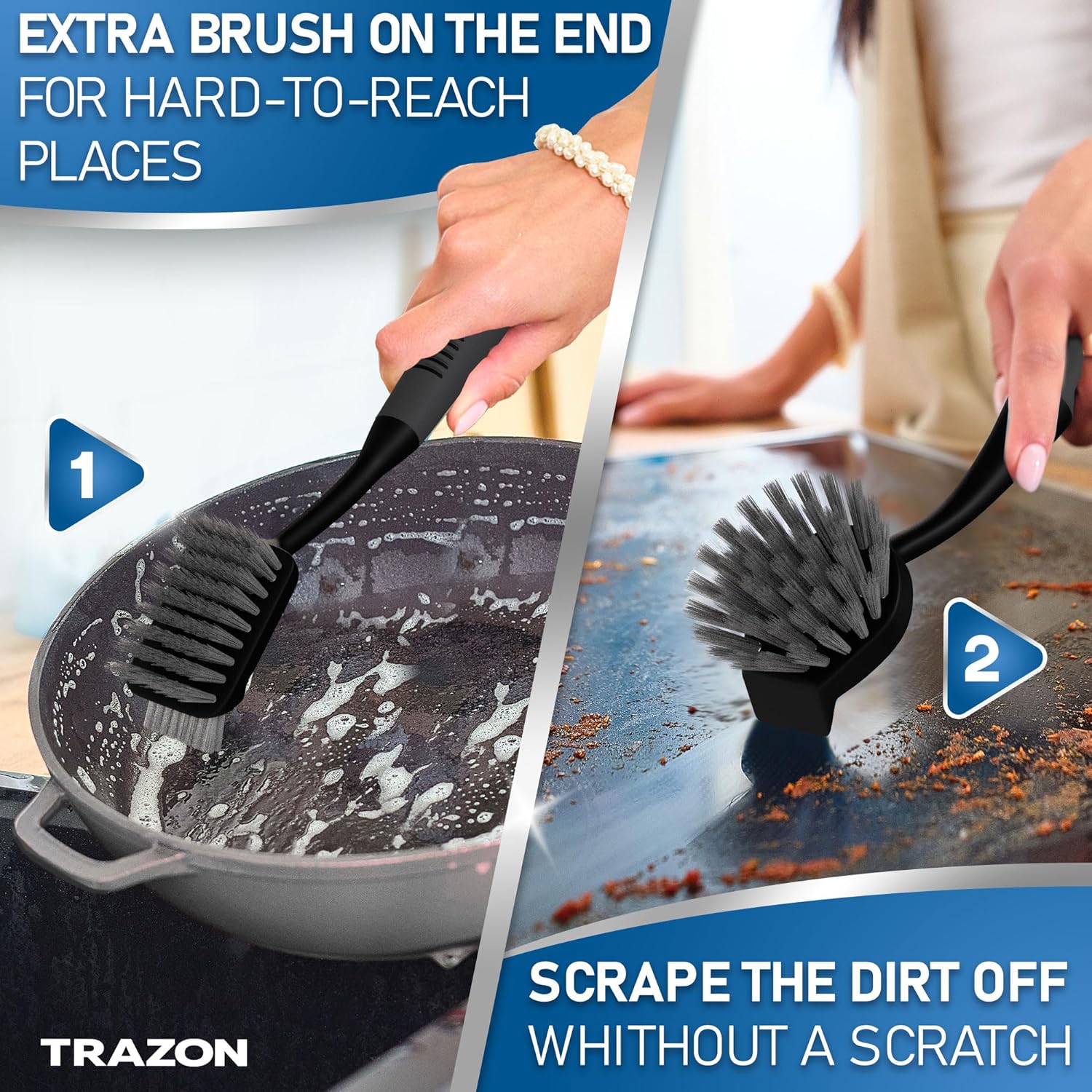 Dish Brush Set of 5 with Holder - Kitchen Scrub Brushes with Non-Slip Long Handle for Cleaning, Scrubber